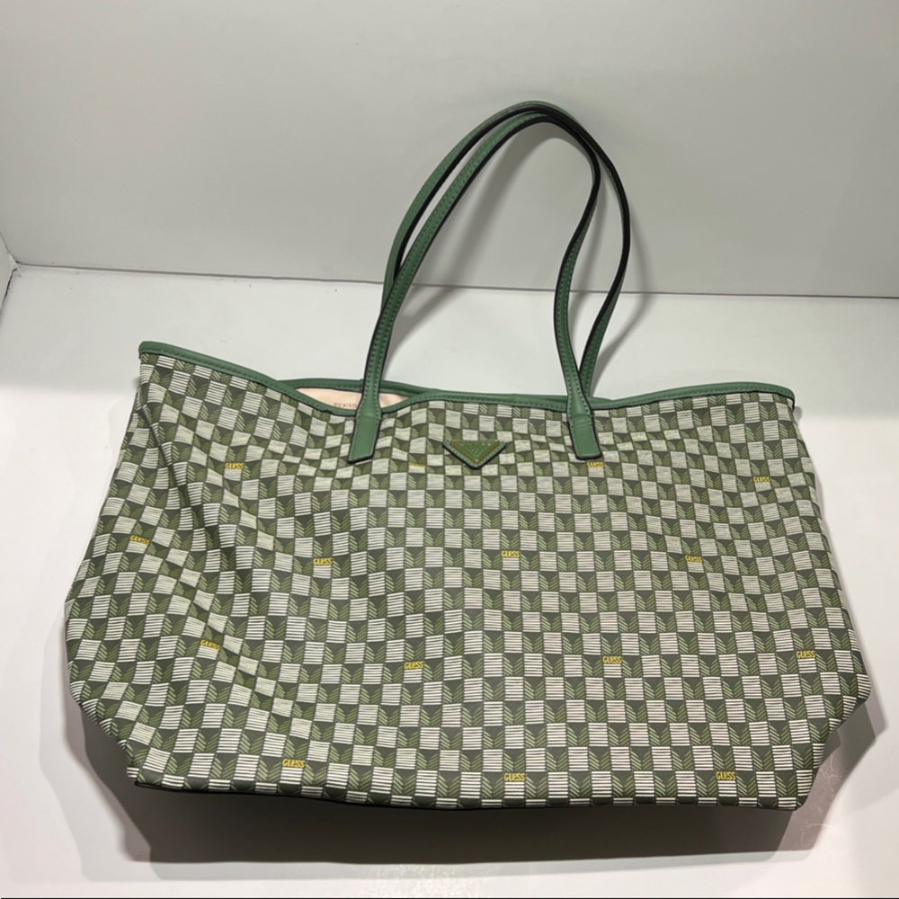 Guess Green and White Checkered Tote Bag